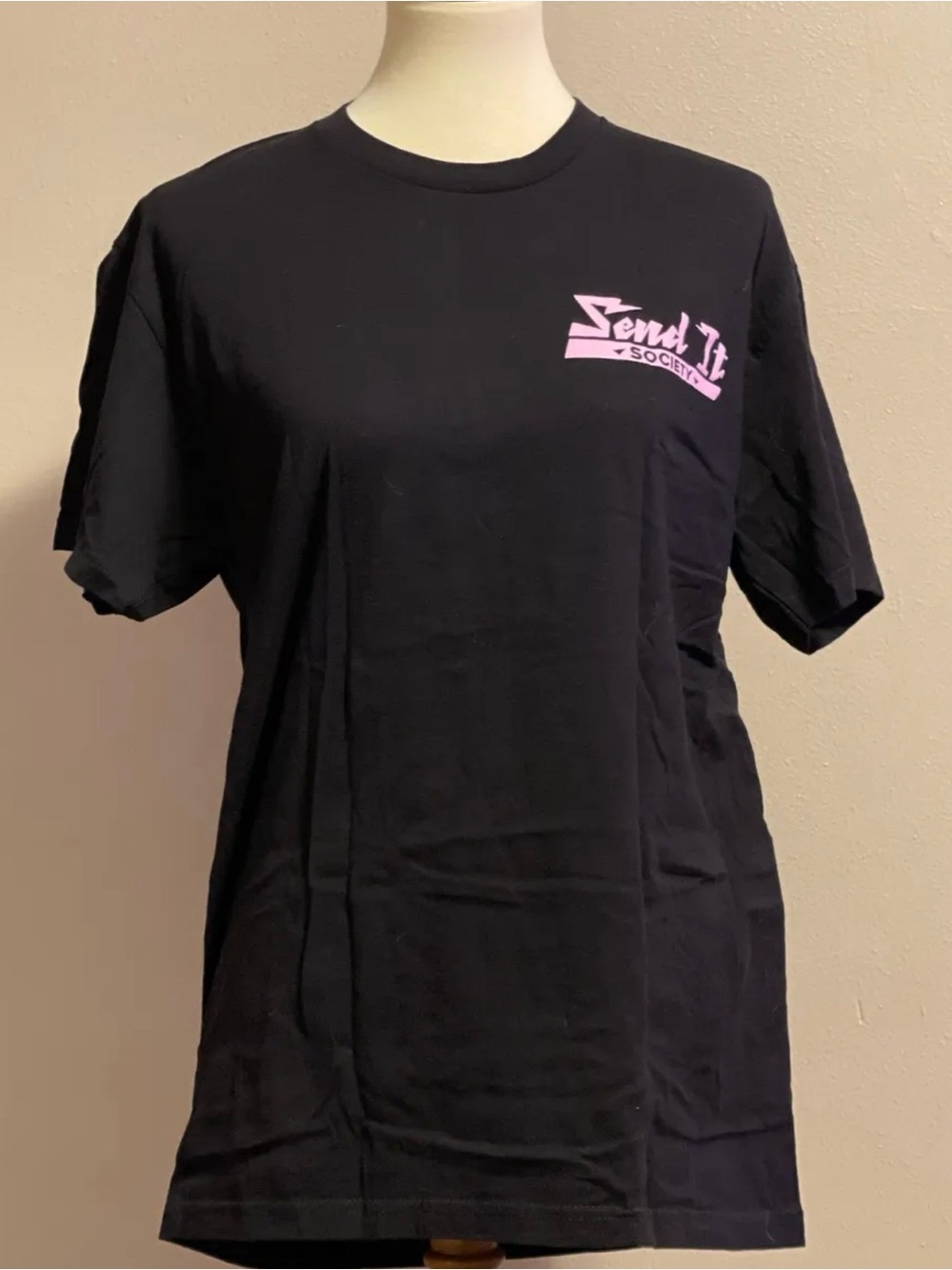 Black Short-Sleeve Women's Tee with Pink "Send It" Chest Logo